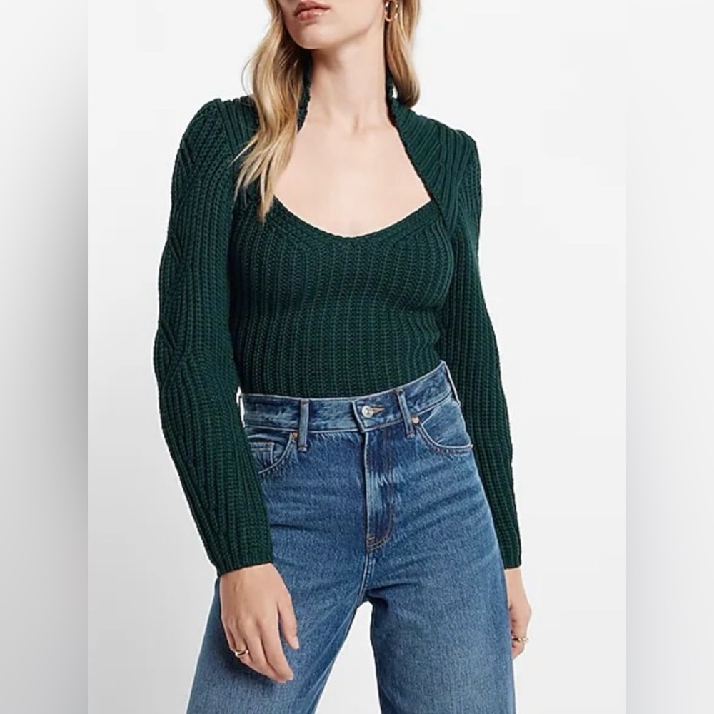 Express Emerald Green Ribbed V Neck Sweater Size L